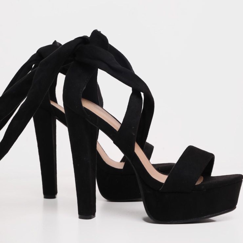 TRIA BLACK FAUX SUEDE WRAP PLATFORM SANDALS - Picture 3 of 8